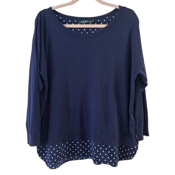 Lauren Ralph Lauren Layered Long Sleeve Navy/White Polkadot Top XL - Picture 1 of 7
